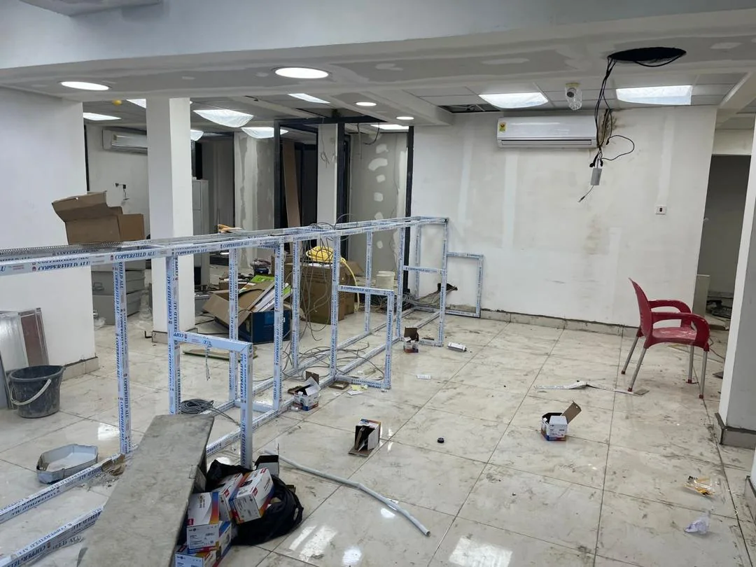 Aluminium partition framing going up during the centre build